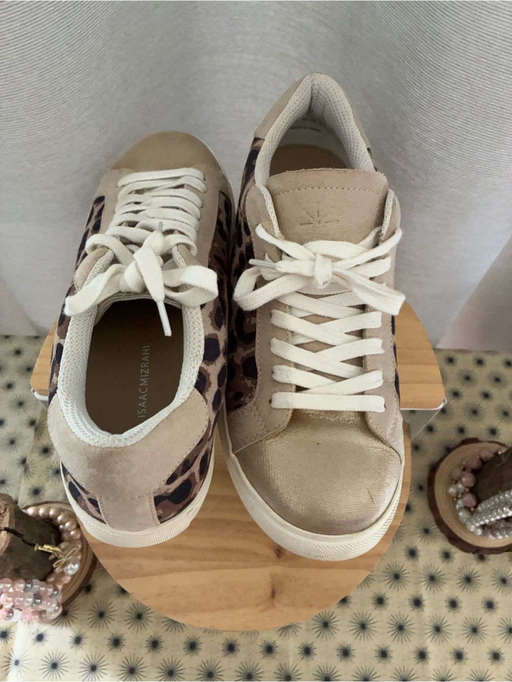 Isaac Mizrahi Beige and Leopard Print Low-Top Sneakers - Picture 6 of 8